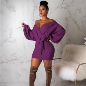 Purple Lantern Sleeve Knitted Sweater Dress
